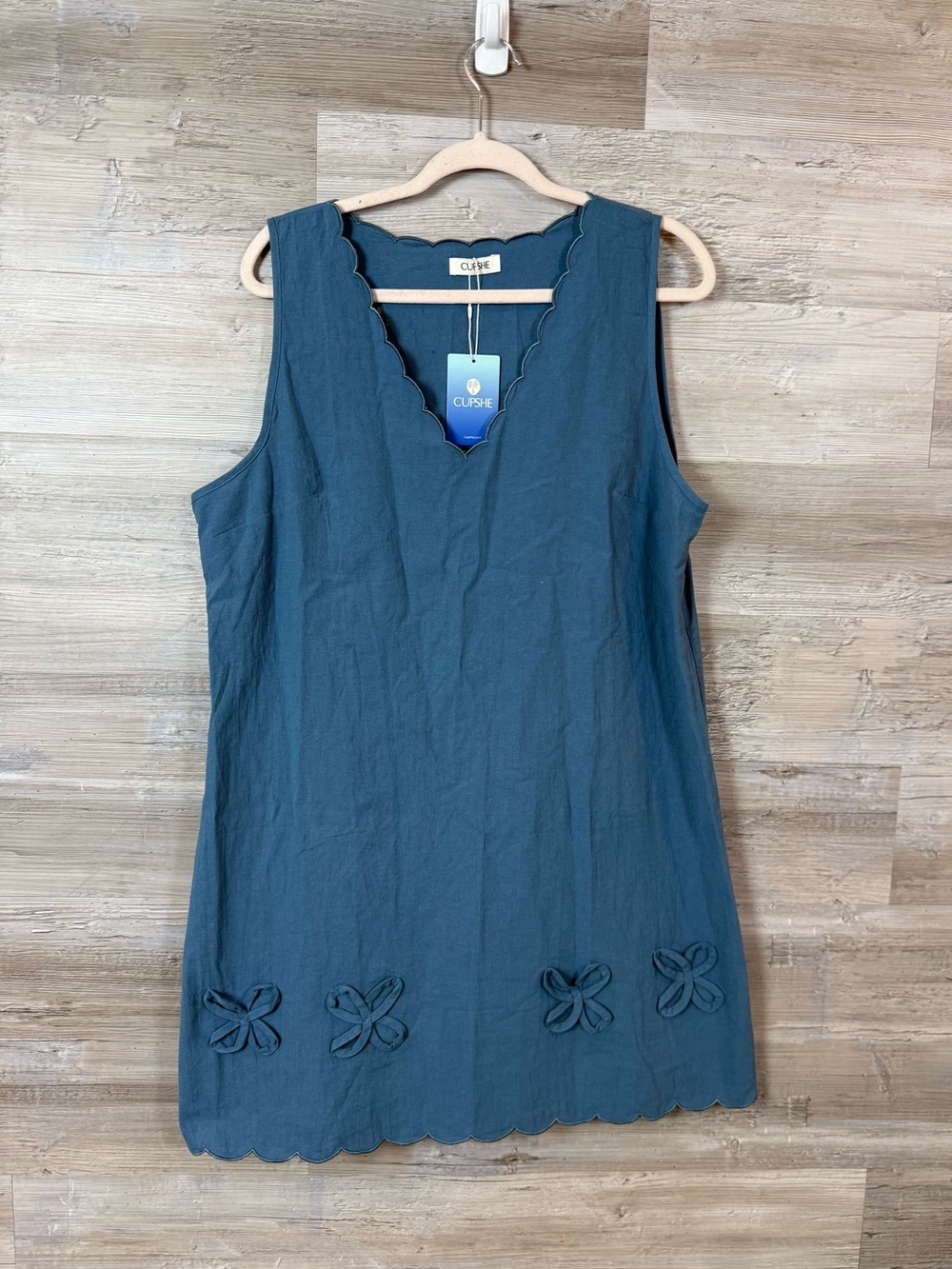 NWT CUPSHE Warm Hearted Scalloped Bow V-Neck Cotton Shift Dress Slate Blue XL